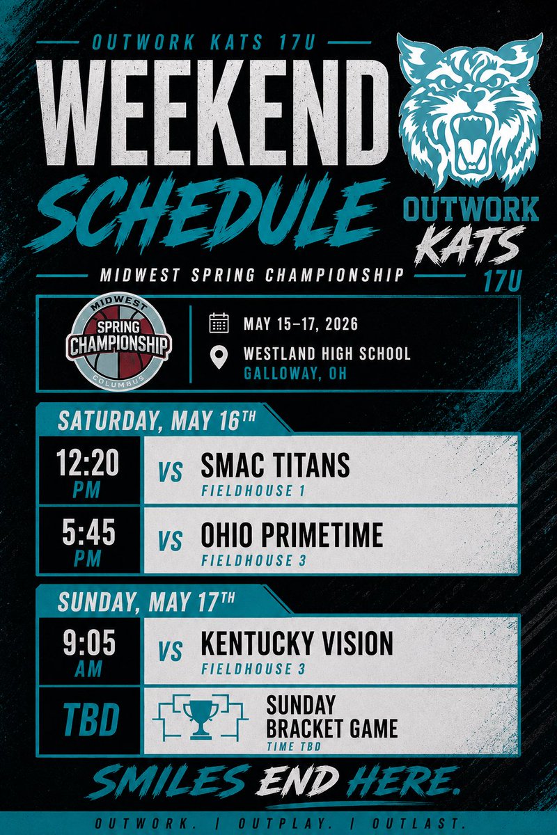 RayLee_777's tweet photo. ๐ผ KATS 17U back at it this weekend.
๐ Midwest Spring Championship
๐ Westland HS | Galloway, OH
๐ SMAC Titans
๐ Ohio Primetime
๐ Kentucky Vision
๐ Bracket play Sunday
SMILES END HERE. ๐ฅ
#KATS17U #OutworkBasketball #AAUHoops https://t.co/EPOLk2itIB