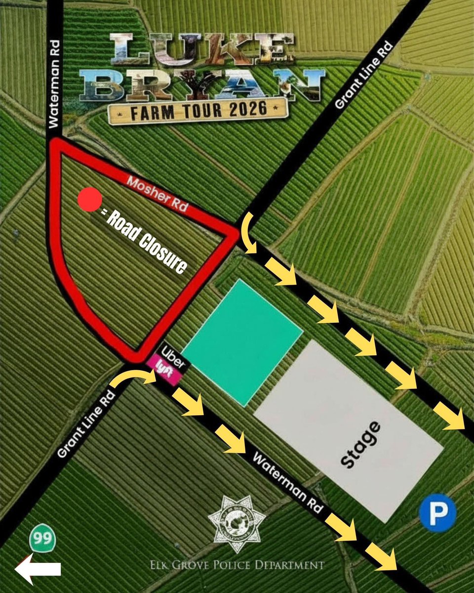 ElkGrovePD's tweet photo. We’ve received a lot questions about how to get to the concert. We hear you! 

So let’s talk traffic and road closures!

⚠️Some road closures will begin Saturday at noon. 

Parking opens at 2pm 
Gates open at 5pm
Show starts at 6pm

There will be 2 entrances to the concert. 
➡️ Traveling WB Grant Line Road - you will enter near Mosher Road. 
➡️ Traveling from EB Grant Line Road - you will enter at Waterman Road. 

▪️Rideshare and carpooling are strongly encouraged! 

▪️Rideshare drop off is located at 10355 Waterman Road - corner of Grant Line & Waterman. 

🅿️ There is parking at the concert venue. Parking tickets can be purchased in advance or onsite. 

Once again we are expecting a significant amount of traffic, so please plan ahead, arrive early and bring your patience. We will have plenty of officers there to help you navigate the road closures.
