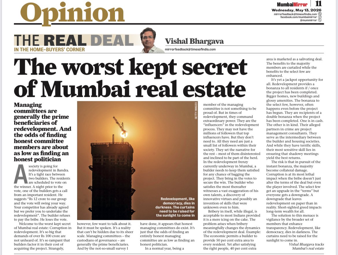 VishalBhargava5's tweet photo. Corruption in Redevelopment: Bribe deals happen between Select Residents &amp; the Builder in a murky environment. Managing Committees are generally the prime beneficiaries. It’s big, it’s rampant. Others need to be vigilant to ensure they aren’t collateral damage. @TheMumbaiMirror https://t.co/nIg7QkiqHX