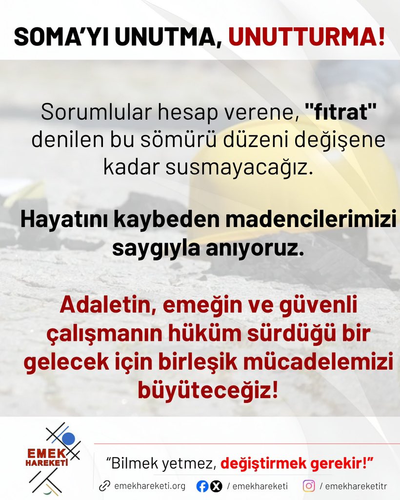 EmekHareketi's tweet photo. Soma, Hendek, İliç, Dilovası, Gayrettepe… 
İş cinayetleri kaza değil,  kader değil, önlemez değil, sermayenin sömürü düzeninin normalidir! 

#Soma #301Madenci #Unutmadık #İşCinayetleriniDurduracağız https://t.co/0DiXADzHqn