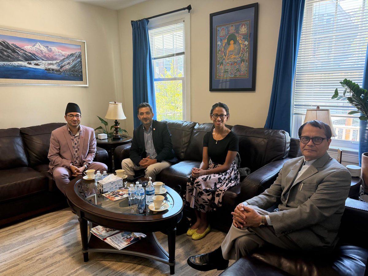 NPI_global's tweet photo. NPI representatives, led by Chair Dr. @DhakalKhagen, met Acting Ambassador Mr. @aransumarga1 at the @nepalembassyusa to discuss external voting, knowledge diplomacy, and building "knowledge bridges" for Nepal’s development. 🇳🇵🇺🇸

#NPI #Diaspora #PublicPolicy #KnowledgeDiplomacy https://t.co/IN64uDHhqa