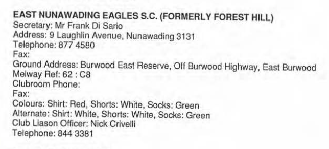 dalmanac's tweet photo. @leighchookoo @MarkBoric @PaulMavroudis Random response almost seven years later, but these things take time. It appears that Vermont (Italian club) amalgamated with Nunawading United at the end of 1985 to form Forest Hill, which became East Nunawading in 1993, which disappeared at the conclusion of the 1996 season. https://t.co/sJSjDcKLuw