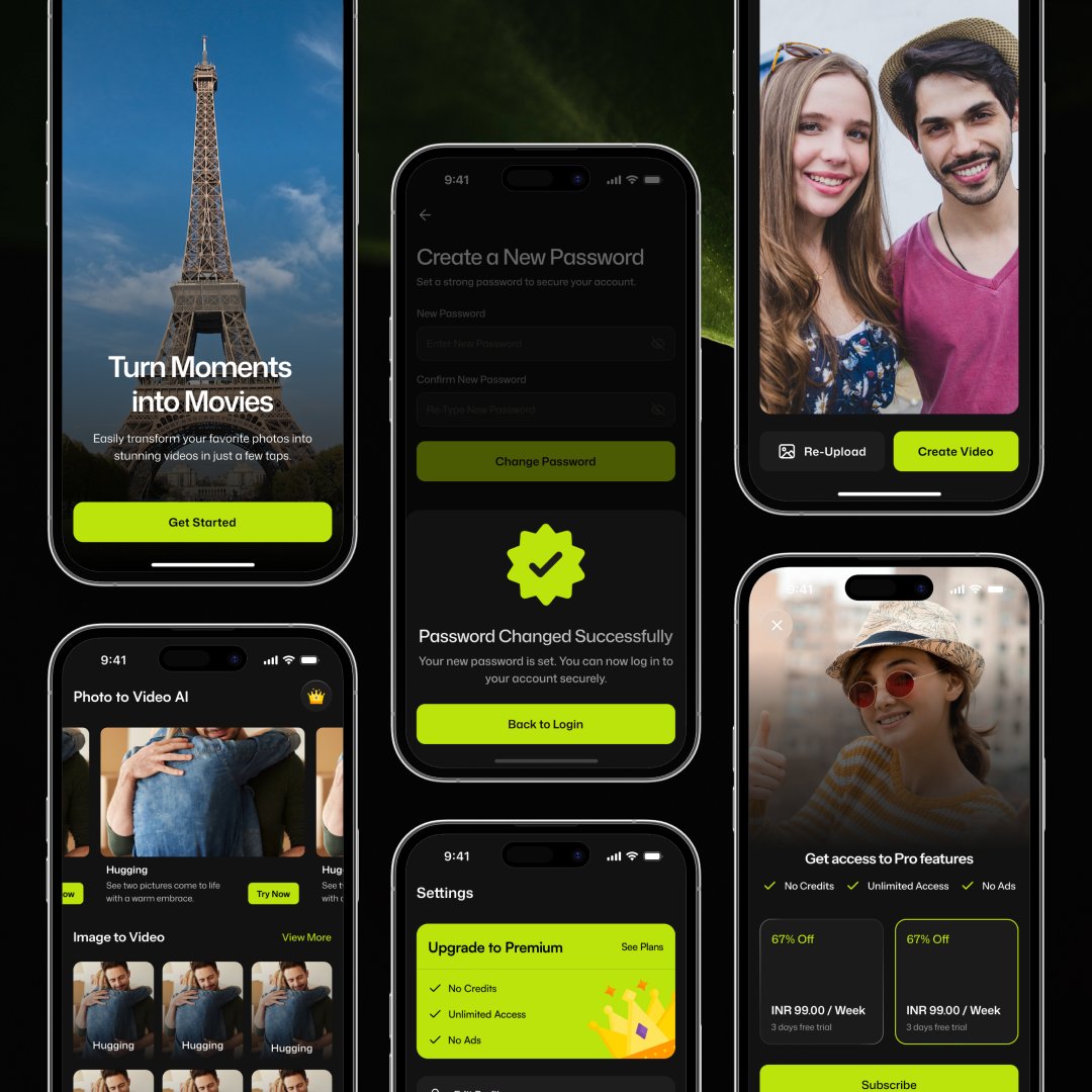 optimitylogics's tweet photo. Turn photos into cinematic stories with AI 🎬✨
A bold dark-mode mobile UI crafted for seamless photo-to-video experiences, smooth interactions, and modern visuals. 🚀
#uiux #mobileappdesign #uiinspiration #uxdesign #appdesign #figma #darkui #aiapp #productdesign #designer https://t.co/jJRCm3Nbnh