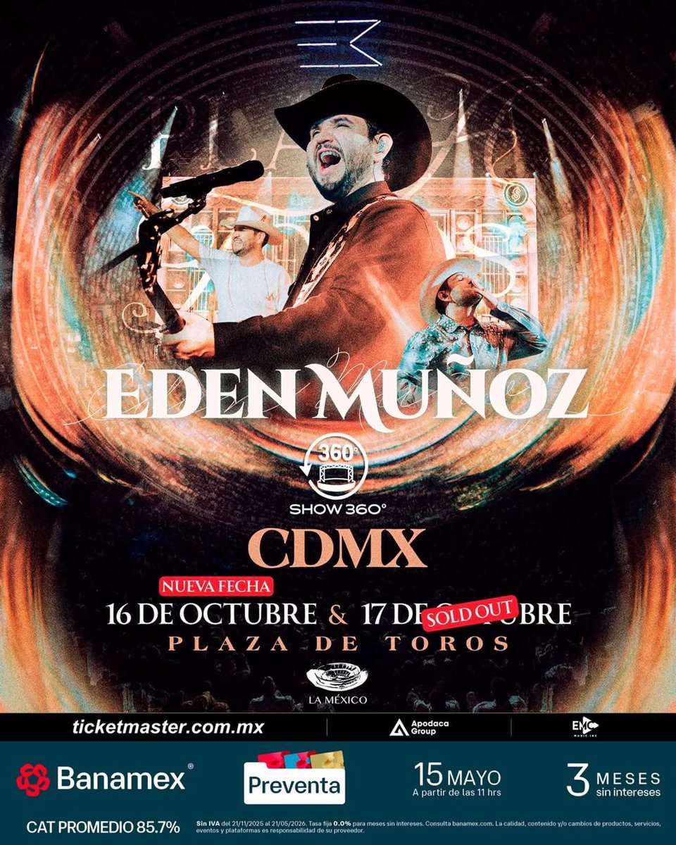 ailoviutl's tweet photo. 🚨 ANUNCIO OFICIAL: NUEVA FECHA 🚨

EDÉN MUÑOZ 🤠 SHOW 360°
🗓️ Viernes 16 de Octubre del 2026 🗓️
🏟️ Plaza de Toros Monumental 🏟️
📍 CDMX 📍🇲🇽 La México 🇲🇽

🎫 Fechas de Preventas 🎫

Venta Beyond: 13 de Mayo 9:00 AM
Preventa Priority: 14 de Mayo 9:00 AM
Preventa Banamex: 15 de Mayo 11:00 AM
Venta General: 16 de Mayo 11:00 AM

Código Beyond y Códigos Priority + Links lo subiré en mi Stories para Suscriptores de mi https://t.co/ccAgcLOpK6 💜

🎟️ Precios de Boletos con Cargos 🎟️

GNP: $4,278
BARRERA: $3,286
PRIMER TENDIDO: $2,455.25
SEGUNDO TENDIDO: $1,723.50
LUMBRERA: $1,723.50
PALCOS: $2,046
GENERAL: $806

💲 Boletera: Ticketmaster 💲

💳 Meses sin Intereses 💳

3 MSI con tarjetas de Crédito Banamex a partir de $3,000 MXN

#EdenMuñoz #Concert #Concierto #México #CDMX #PlazaDeToros #Ailoviutl #LaMéxico #Music #Música #MéxicoMonumental #Fest #Festival #PlazaDeTorosMéxico #RegionalMexicano #Grupero