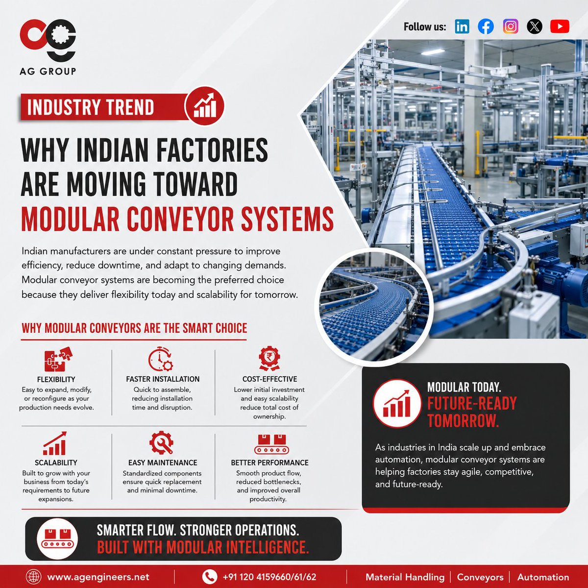 AGGroup542745's tweet photo. 𝐈𝐍𝐃𝐔𝐒𝐓𝐑𝐘 𝐓𝐑𝐄𝐍𝐃

Indian factories are shifting from fixed production lines to modular conveyor systems built for flexibility, faster expansion, lower downtime, and future scalability.

The future of automation isn’t just automated.

It’s modular.

#IndustryTrend https://t.co/I620Em3CRO