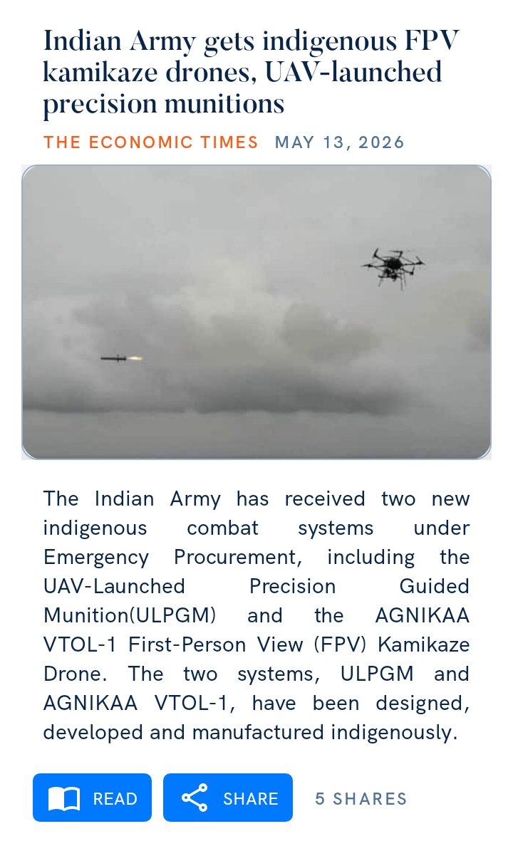 nvraghavalu's tweet photo. Indian Army gets indigenous FPV kamikaze drones, UAV-launched precision munitions
https://t.co/ydptxtqAFd

via NaMo App https://t.co/9G4N3jUXTz