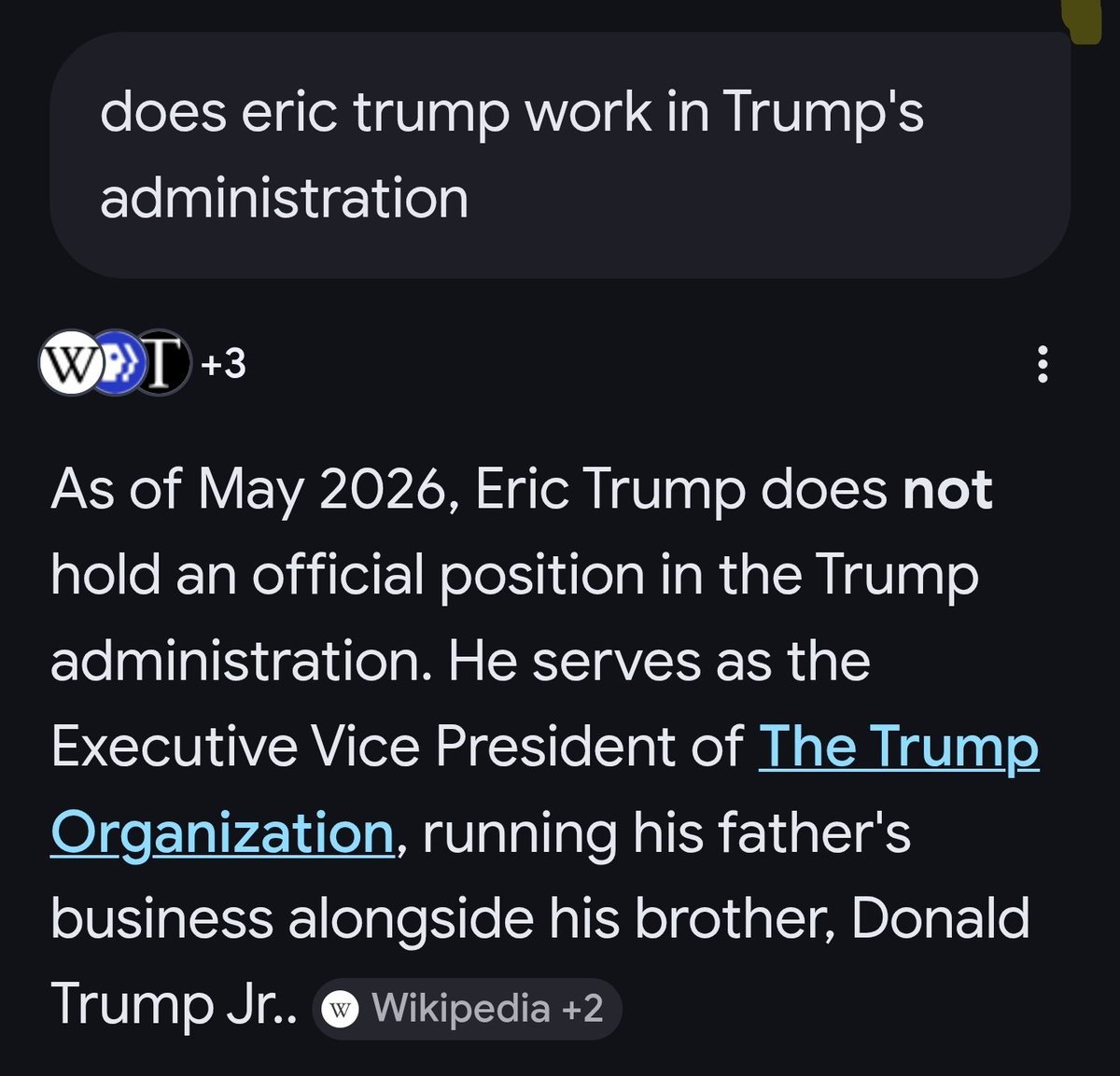 geraldwayne's tweet photo. @EricTrump Do you work in the administration? Why are you there? https://t.co/3CkBNadBuJ