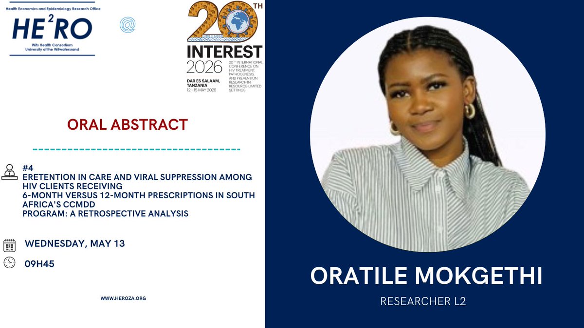 HE2RO_SA's tweet photo. Today at #INTEREST20 - Join Oratile Mokgethi  https://t.co/pld6xzuNlz  for her oral presentation titled "Retention in care and viral suppression among HIV clients receiving 6-month versus
12-month prescriptions in South Africa's CCMDD Program: A retrospective analysis". https://t.co/JcBItPF1zD