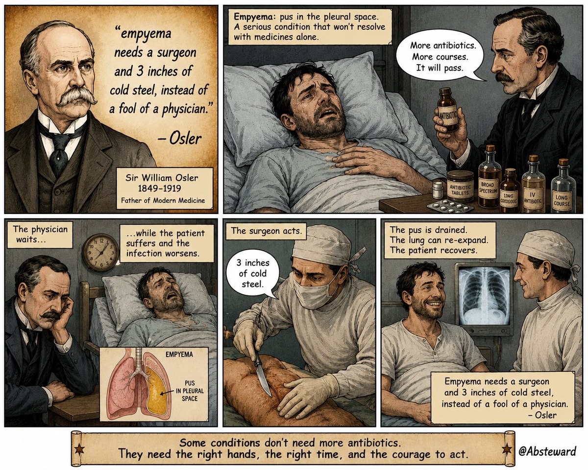 ABsteward's tweet photo. "Empyema needs a surgeon and 3 inches of cold steel, instead of a fool of a physician.”  , Sir William Osler (1849–1919) #idxposts #idquotes https://t.co/MXtTsD2Tm7
