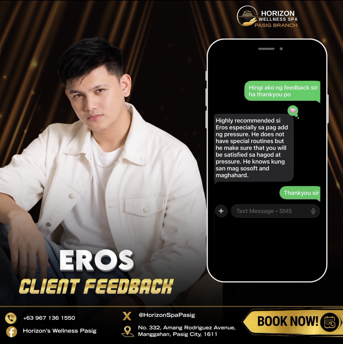 HorizonSpaPasig's tweet photo. 🔔Client Feedback for MT_Eros

“Highly recommended si Eros especially sa pag add ng pressure. He make sure that you will satisfied sa hagod at pressure.”

Thank you for your positive feedback. 

✨Visit our spa today and treat yourself to the relaxing experience you deserve. Your comfort and satisfaction will always be our priority. 💆🏻‍♂️🧘🏻‍♂️