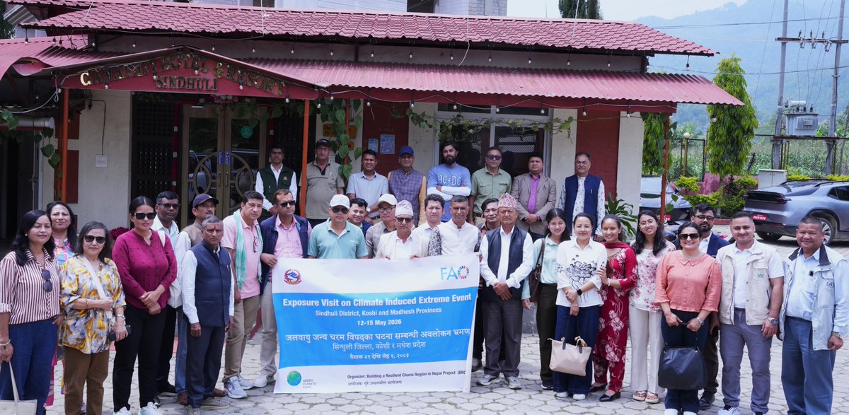 FAONepal's tweet photo. Day 1 of the BRCRN Exposure Visit is underway across Sindhuli, Koshi &amp; Madhesh, bringing together governments, stakeholders &amp; communities to explore climate resilience solutions from bioengineering to ecosystem restoration.

Working together for a climate-smart future. https://t.co/QtK6BliTHz