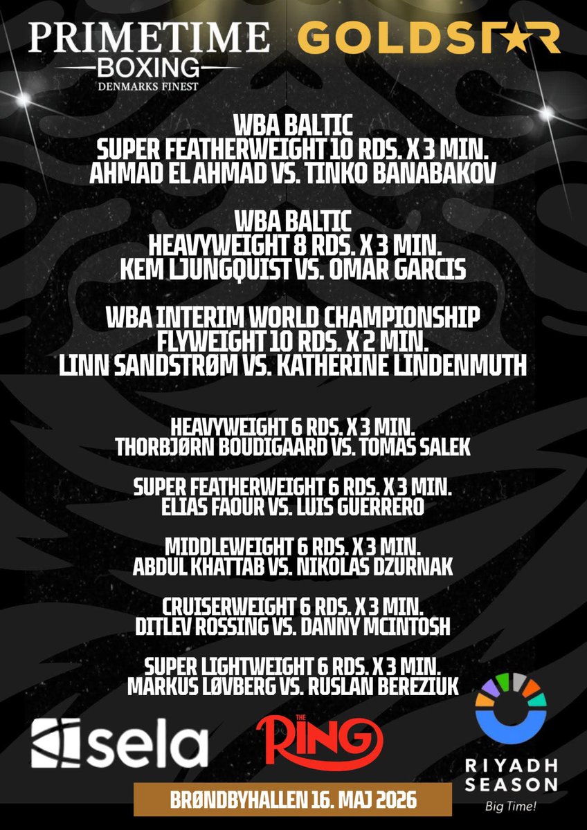 h_hkan's tweet photo. Fight card and running order on saturday in Copenhagen🇩🇰 with 3 WBA Championship fights live on @DAZNBoxing 🔥🥊#PrimetimeBoxing @WBABoxing #SandstromLindenmuth #Copenhagen https://t.co/vS8Hh0eeKv