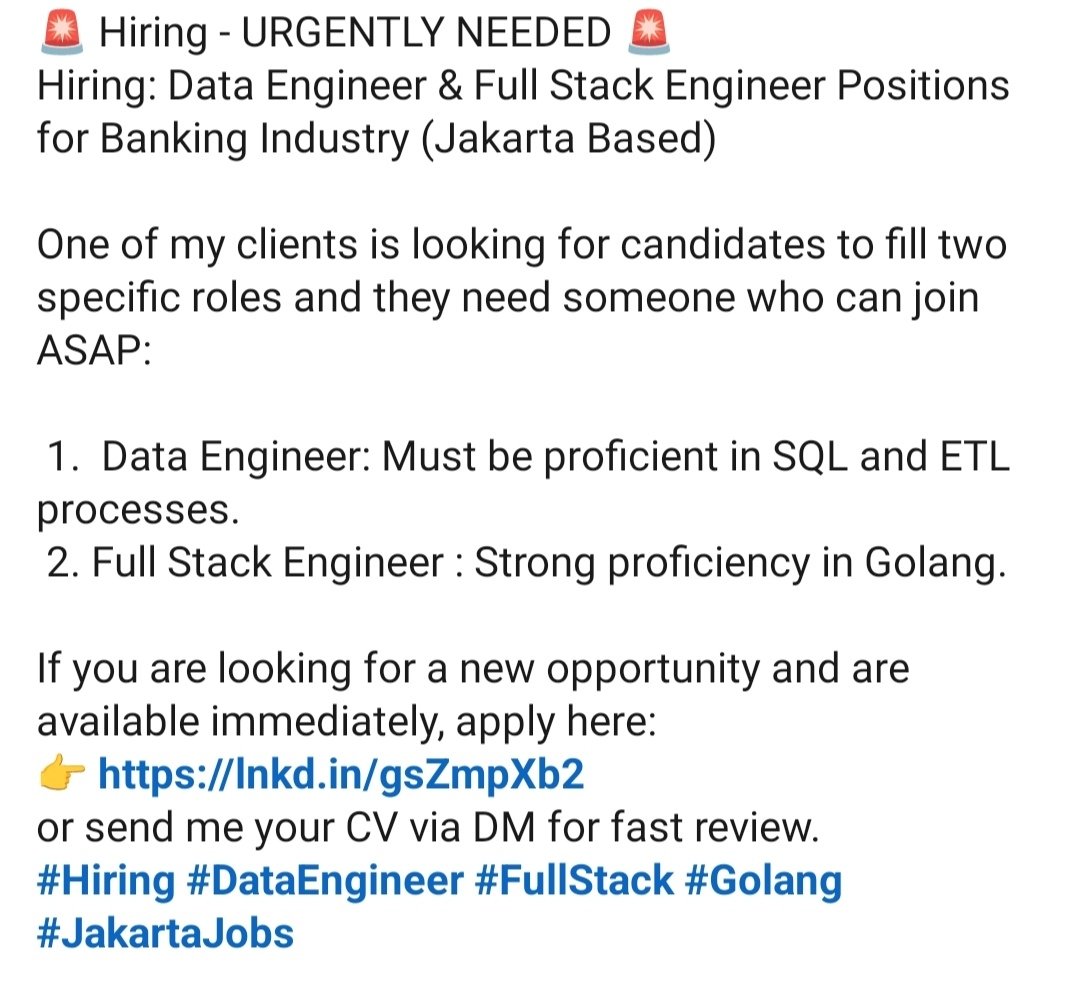 Justrulym's tweet photo. Mincot, kali ada followers nya yang lagi free n bisa join asap, lagi nyari data engineer n full stack enginer nih.

Yg tertarik bisa appy kesini ya: https://t.co/zXWSyBlG0u

@hrdbacot #lokercot https://t.co/8Irx9QKDfg