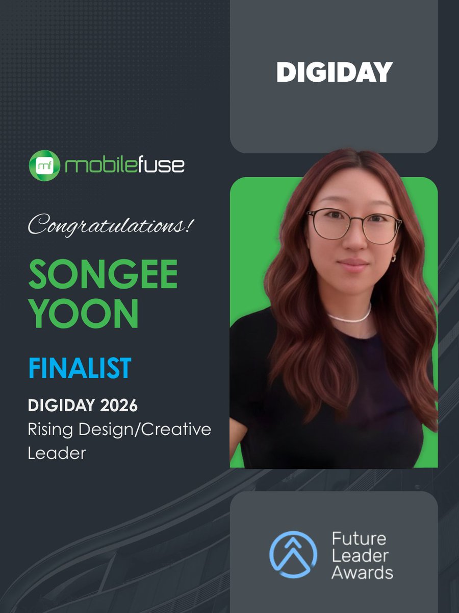 MobileFuse's tweet photo. Big win for our team 🎉

Songee Yoon was named a finalist in the Digiday Future Leader Awards 2026. Well-deserved recognition for someone who constantly pushes our creative thinking forward.

Thank you to @Digiday, Glossy, and @modernretail for the recognition. https://t.co/Fcm4kXOSG2