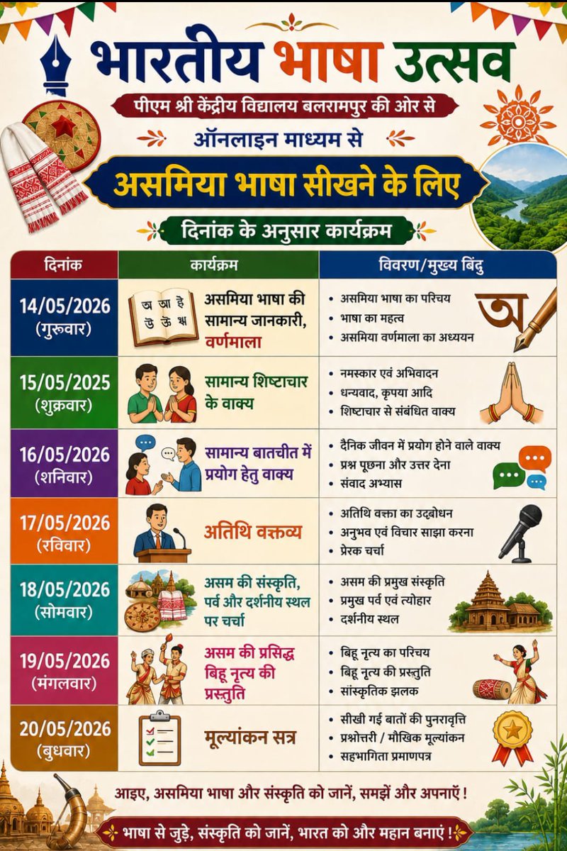 KVBalrampur's tweet photo. भारतीय भाषा उत्सव के अंतर्गत पी एम श्री केंद्रीय विद्यालय बलरामपुर के विद्यार्थियों को असमिया भाषा सीखने का सुनहरा अवसर!
#bhartiyabhashautsav
@KVS_HQ @KVS_Lucknow @vpsingh_PR https://t.co/vL0BngIn2n