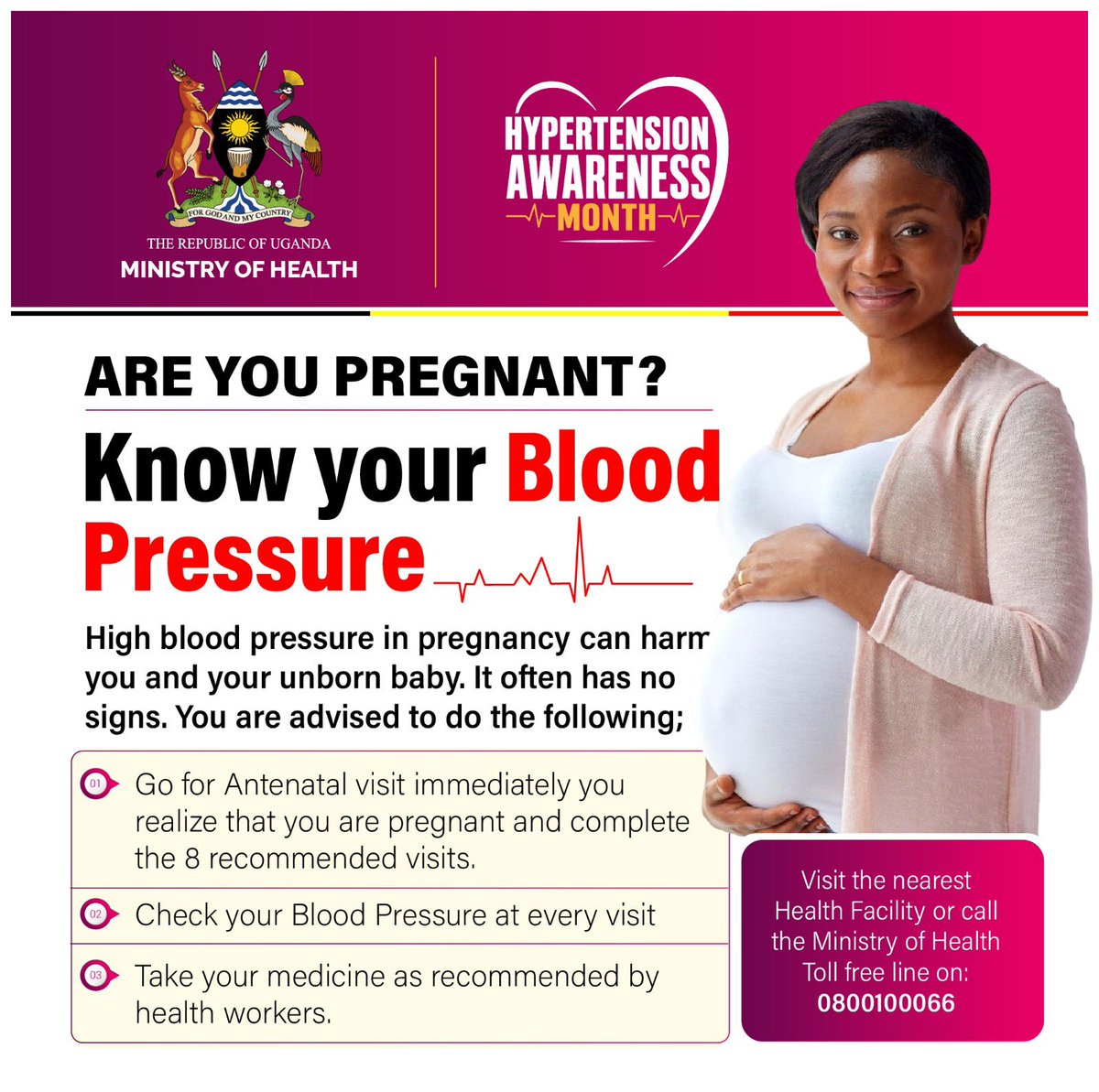 High #bloodpressure in pregnancy is harmful to both the mother and her unborn baby. All pregnant women must attend all 8 Antenatal Care Visits to monitor their blood pressure to avoid complications and have a healthy baby #MOHatWork | #HypertensionUG