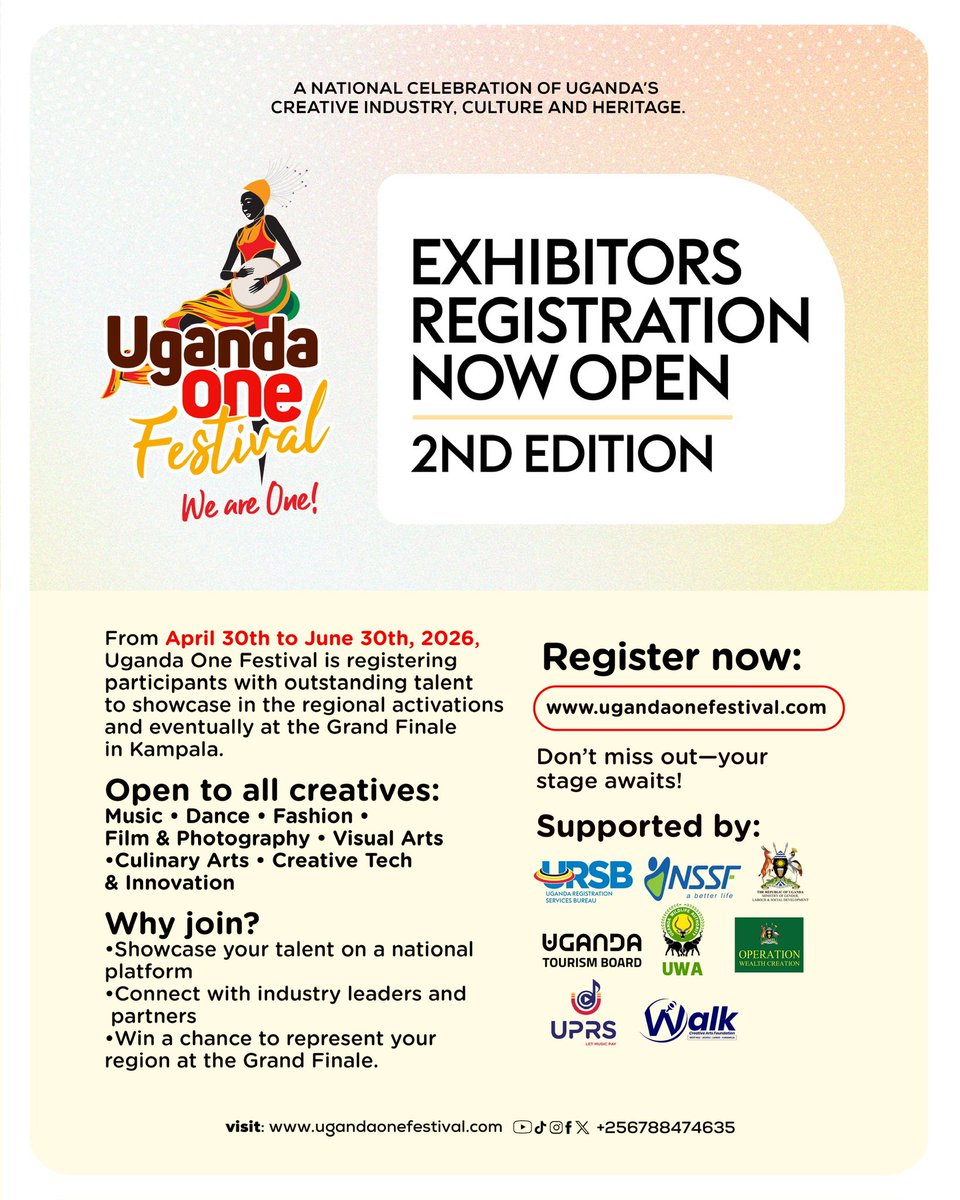 DamalieOwori's tweet photo. The momentum towards the second edition of @UgOneFest keeps growing as creatives, entrepreneurs, exhibitors, and cultural leaders across the country continue to show interest in Uganda’s biggest platform for culture, innovation, tourism, and enterprise. Registration is still open, and we invite more exhibitors to secure their place and become part of a national movement that celebrates Uganda’s talent, diversity, and creative future
#Ug1festival26
@URSBHQ @UPRSOFFICE @Moglsd_UG @OWC_ug @ugwildlife @TourismBoardUg @walk_arts @nssfug