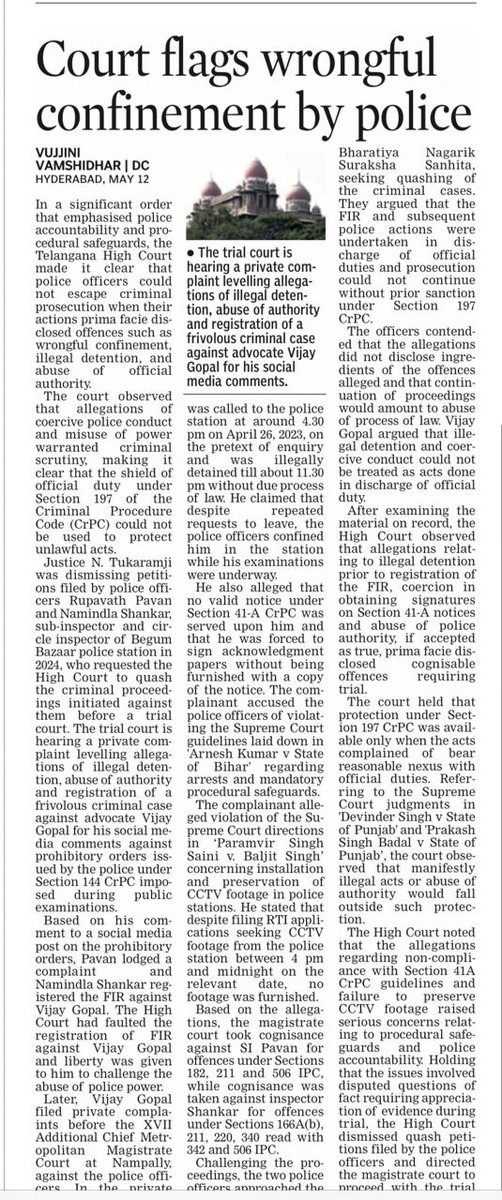 VijayGopal_'s tweet photo. Let this be a wake up call to @TelanganaCOPs who keep filling false cases either to impress superior officer or their directions or out of arrogance of power 

Filing false FIR, filing chargesheet even if there no crime is criminal act. 
@shonampally also will face law for 1/2 https://t.co/hPQX5QRqzZ