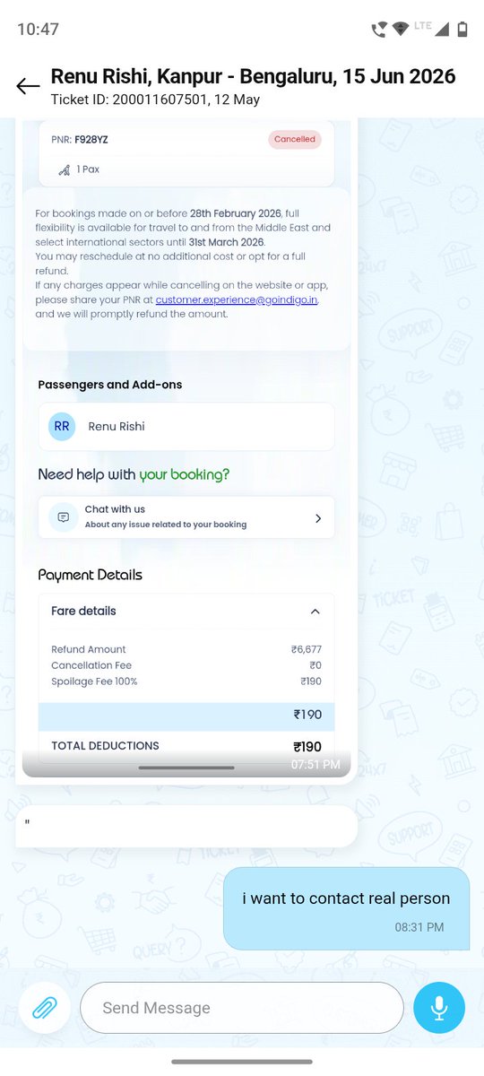 ishita0909's tweet photo. @Paytmcare @Paytm 
Can someone from your customer support team please look into ticket 200011607501?
The refund has already been initiated from Indigo’s side long back, yet I'm stuck here dealing with a stupid AI bot.
Can an actual human please help me process my full refund? https://t.co/i4A3UDAwiO