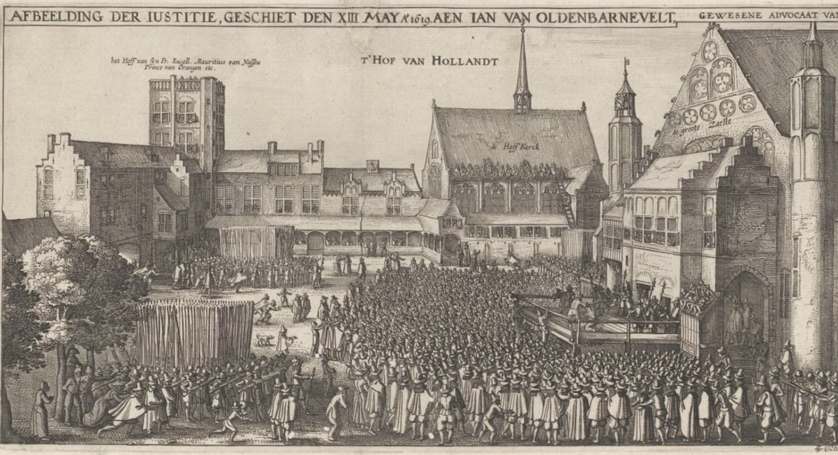 Den Haag, 13 mei 1619. Raadpensionaris Johan van Oldenbarnevelt, de politieke tegenstander van prins Maurits van Oranje, werd op het Binnenhof onthoofd. Op de plek waar ooit het schavot stond, stopte jarenlang de Gouden Koets op Prinsjesdag. 1/4