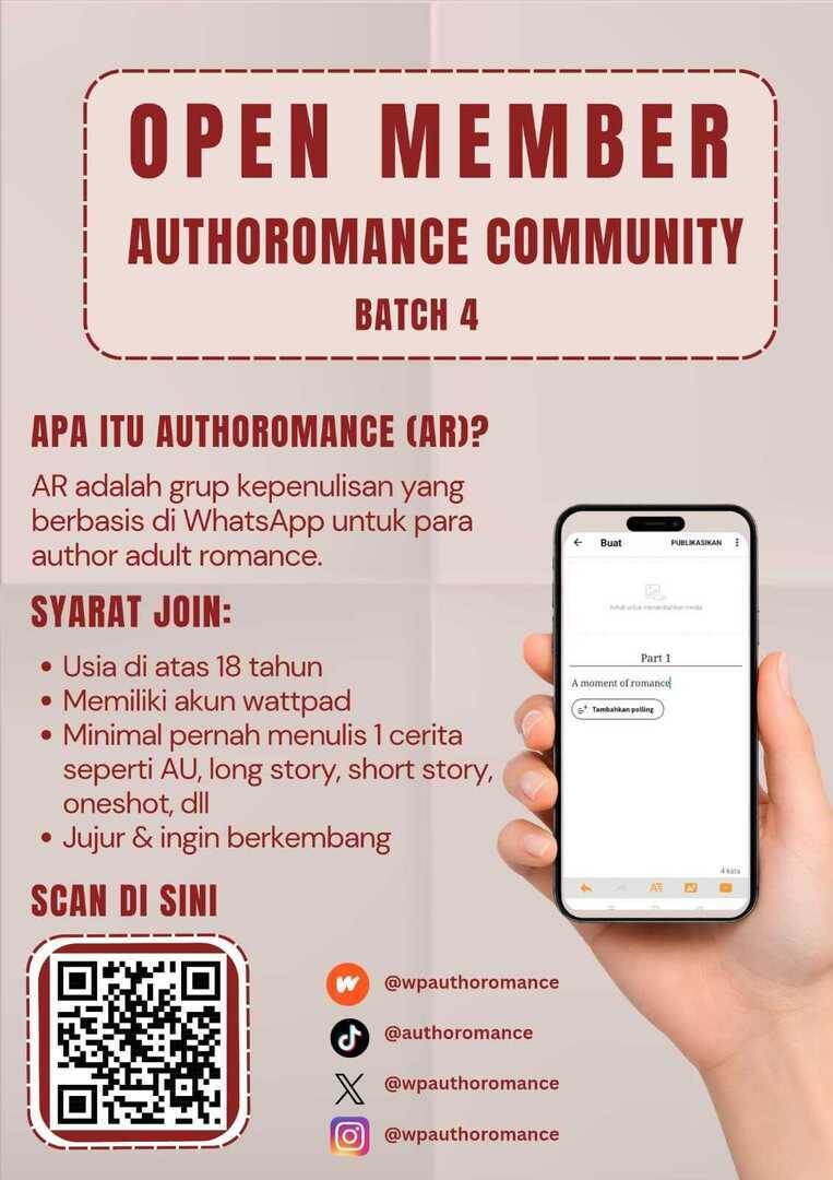 wattpadmenfess_'s tweet photo. /wp/ LAST DAY GUYS

*AUTHOROMANCE OPEN MEMBER BATCH 4!* 📢✨
Komunitas penulis /WP/ khususnya genre romance yang jadi tempat buat tumbuh bareng, sharing dunia kepenulisan, saling support, dan ketemu sesama author yang satu frekuensi ❤️🌹 https://t.co/DtsseAX6JW