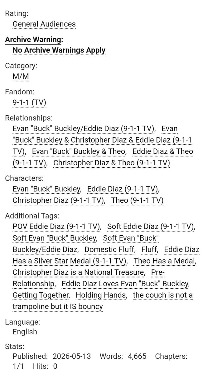 buckmeetsboy's tweet photo. ☆ same team

☆ rated g, complete, 4.6k, buddie
☆ theo finds out that eddie has a silver star
☆ hand holding
☆ buck and eddie and chris and theo are a FAMILY
☆ soft soft soft

🔗 https://t.co/MVbSEd429i https://t.co/beG3Qgkkc6