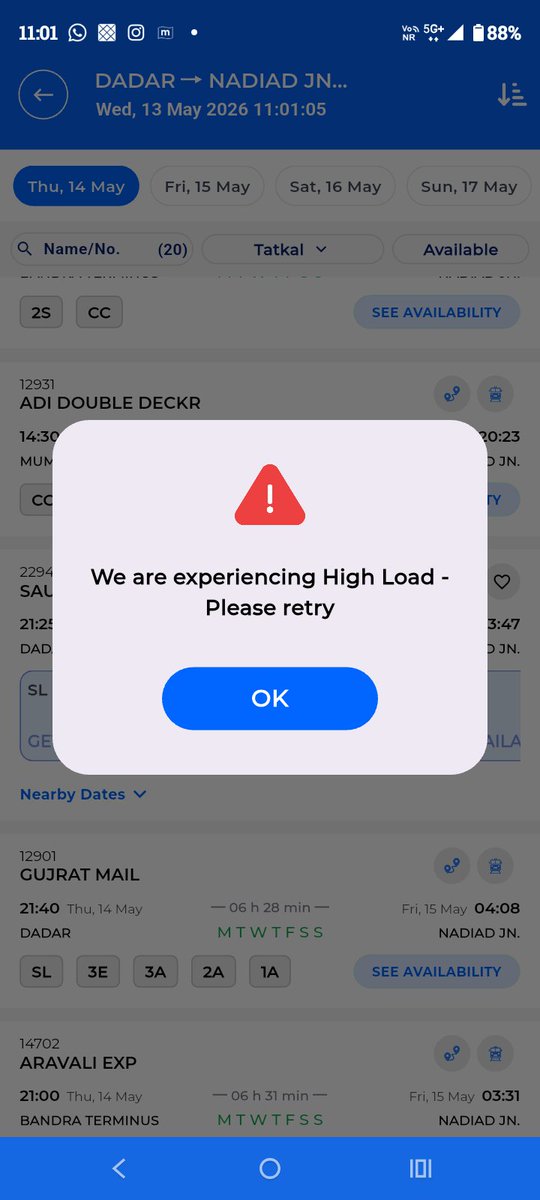 chandresh40's tweet photo. @RailwaySeva @WesternRly @AshwiniVaishnaw How will one be able to book a tatkal ticket if he wants to travel for some emergency????? This is daily shit or crap from Railways. https://t.co/7vYyxowMTj