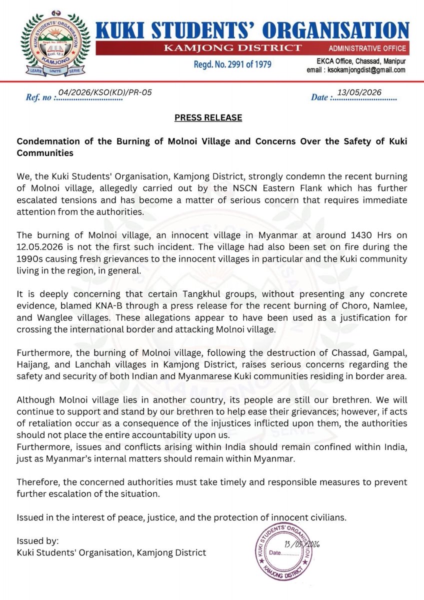 KSO_CCPur's tweet photo. KSO, Kamjong District, strongly condemns NSCN's burning of Molnoi village on 12.05.2026.

Immediate action is urged to protect Kuki civilians along the India-Myanmar border and prevent the escalation of cross-border violence.
Justice, peace, and civilian safety must be upheld. https://t.co/Xscmk78rG6