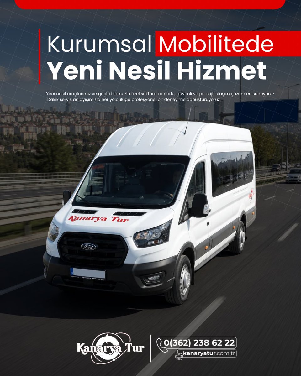 Kanarya_Tur's tweet photo. Kurumsal taşımacılıkta konfor, güven ve dakiklik artık aynı yolda 🚍

Yeni nesil araçlarımızla çalışanlarınıza profesyonel ve prestijli ulaşım deneyimi sunuyoruz.

📞 0362 238 62 22
📩 info@kanaryatur.com
🌐 https://t.co/O8Q911K7Wd https://t.co/UwS6FUJFYj