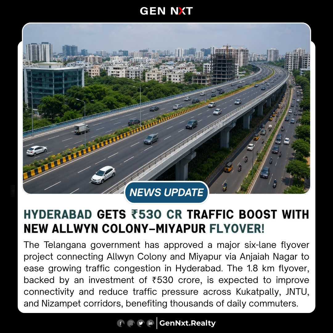 GenNxt_realty's tweet photo. Hyderabad gets a ₹530 Cr infra upgrade! 🚧

A new six-lane flyover between Allwyn Colony &amp; Miyapur is set to boost connectivity, ease traffic, and drive real estate growth across the western corridor. 📈

#Hyderabad #Miyapur #FlyoverProject #Infrastructure #GenNxtRealty https://t.co/9sATjPOe5x