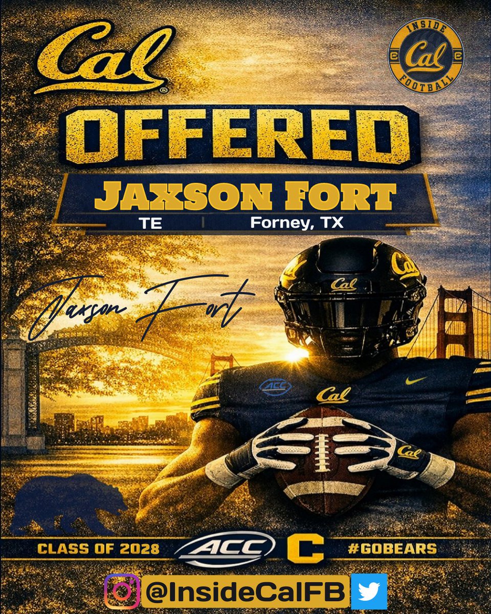 InsideCalFB's tweet photo. 📣 Recruiting Update 🐻

Jaxson Fort has received an offer from Cal.
The 6’4, 225‑lb TE from North Forney in the Class of 2028 - carrying a 3.4 GPA - continues to rise as one of Texas’ most intriguing young offensive weapons.
Big frame, big upside.

@sgdeuce__ #GoBears https://t.co/WwZ7RWpHY1