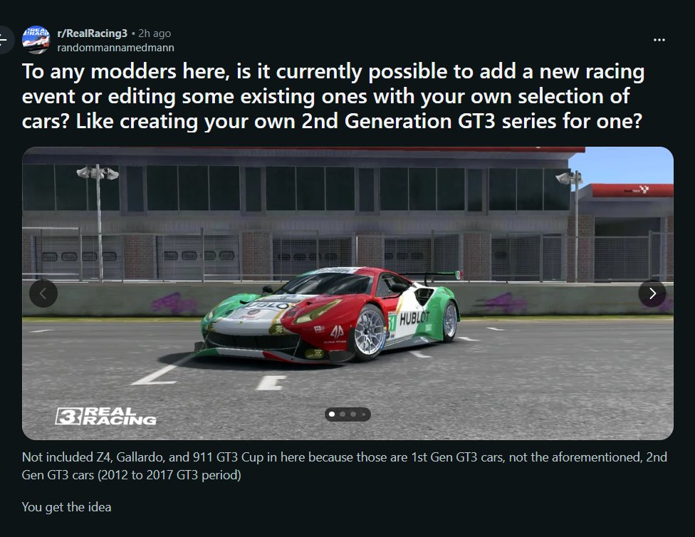 TheCanadianGTR's tweet photo. As much as I love to see community-made addon mods for games like GTA and The Crew 1, it's currently not possible to make addon mods for other games like Real Racing 3 due to the mobile game mods community being less well-known than the PC game mods community.

#RealRacing3 #RR3 https://t.co/zZ6ePFBa1i