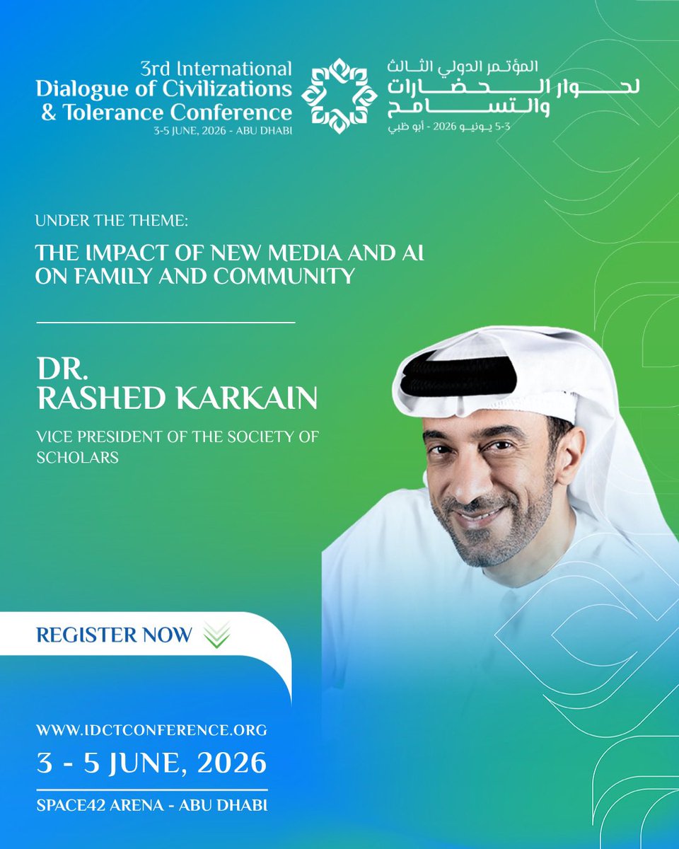 RashedKarkain's tweet photo. Hear me loud on why Sustainable Development Leaders may have far more influence on civilizations, human values, and tolerance than many may think — at the 3rd International Dialogue of Civilizations & Tolerance Conference (IDCT 2026).

مسؤوليات قادة التنمية المستدامة تجاه الحضارات، والقيم الإنسانية، وثقافة التسامح... أعمق وأكبر بكثير من مجرد مسميات قيادية.
انضموا إلى حديثي حيث سأقوم بالتوسع في مناقشة هذا الموضوع خلال المؤتمر الدولي الثالث لحوار الحضارات والتسامح (IDCT 2026).

Date: June 3-5, 2026
Venue: SPACE42 ARENA, Abu Dhabi 
URL: (Free Access Package):
https://t.co/92G46WVYUN 

#rashedkarkain #karkain #idctconference 
#راشد_كركين #كركين