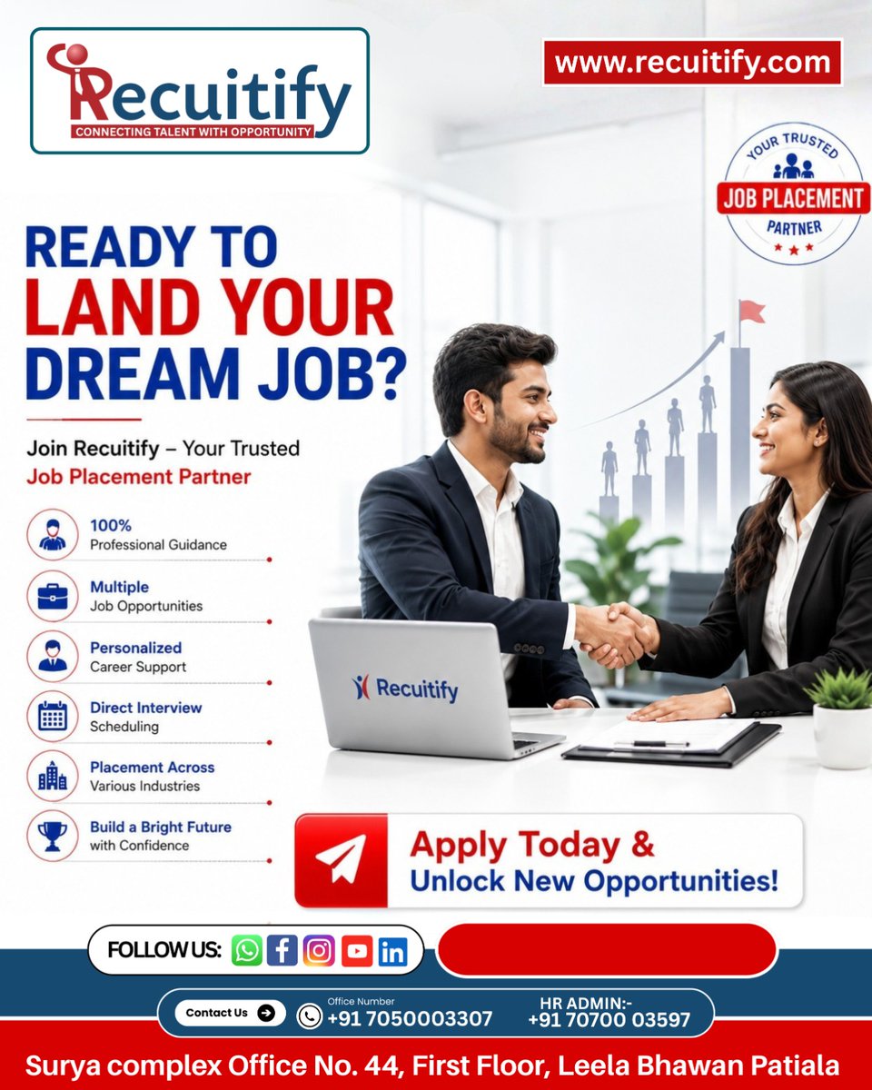 recuitify43497's tweet photo. Your dream job is just one step away! 💼✨
Join Recuitify and get expert career guidance, direct interview opportunities, and personalized support to help you build a successful future with confidence. 🚀
📷 Contact Us
Office: +91 7050003307
HR Admin: +91 70700 03597 https://t.co/ty5s7bxRl9