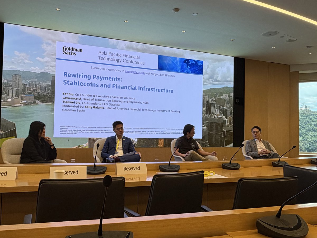 Velmeshev's tweet photo. Goldman Sachs APAC FinTech conference today.
Incumbents realize the gate is already open:
licensed rails + bank infra are becoming programmable platforms for a new market of operators, fintechs and stablecoin-native companies.
Barbarians at the gate - but with APIs this time. https://t.co/kXwa3j0MNg