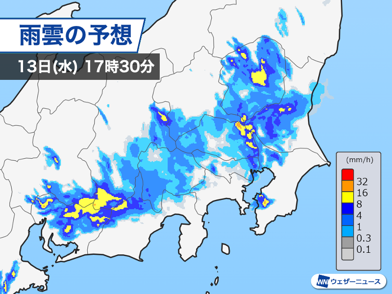 wni_jp's tweet photo. ＜東京や名古屋は帰宅時間に天気急変のおそれ＞
今日は広い範囲でゲリラ雷雨が発生しています。
快晴となっている関東南部や東海の平野部も油断は禁物です。

東京都心・名古屋市を含め、夕方以降は急な雷雨のおそれがあるため、雨雲レーダー等を活用してください。
https://t.co/Wd6aEo1bIS https://t.co/ob6Hb5AXQu