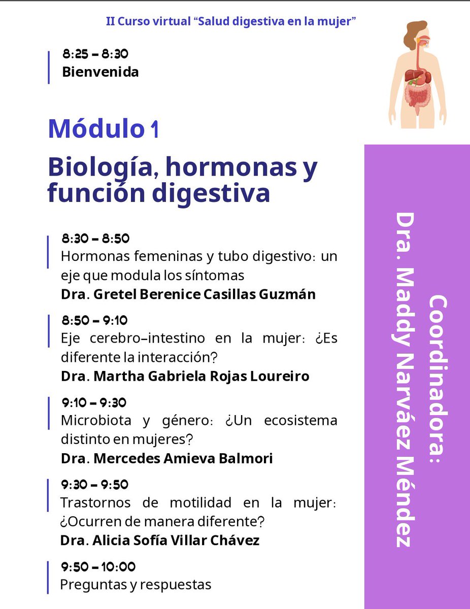 SGESLP's tweet photo. 🧠💜 ¿Las hormonas, la microbiota y el eje cerebro-intestino influyen diferente en la mujer?

La respuesta puede cambiar tu forma de entender muchos síntomas digestivo.

🗓 16 de mayo de 2026
💻 100% virtual | 📡 EN VIVO
📩 Informes: sgeslpcontacto@gmail.com https://t.co/tt8ZMreTwD