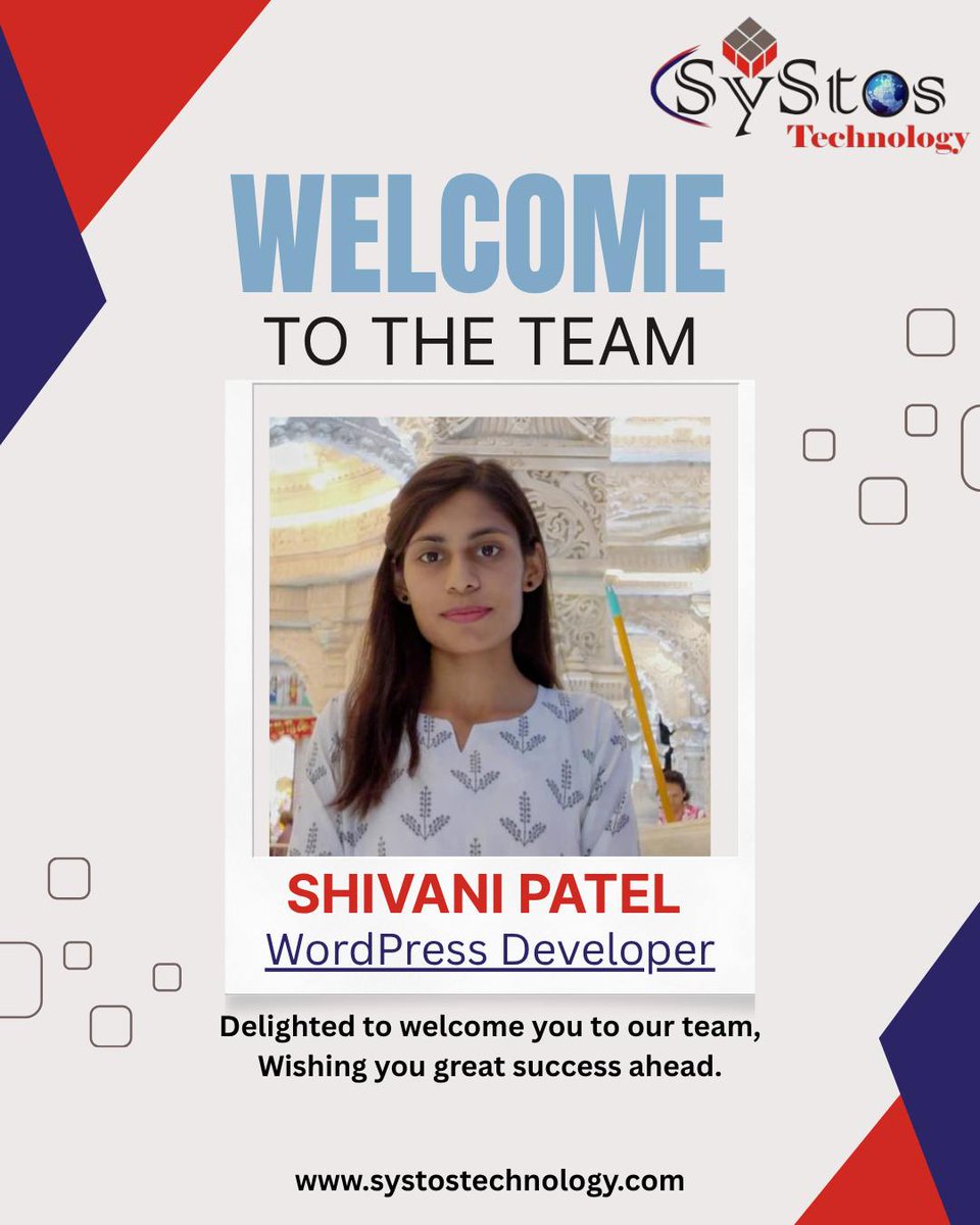 SystosTech's tweet photo. We are excited to welcome 𝐒𝐡𝐢𝐯𝐚𝐧𝐢 𝐏𝐚𝐭𝐞𝐥 to the SyStos Technology family as our new 𝐖𝐨𝐫𝐝𝐏𝐫𝐞𝐬𝐬 𝐃𝐞𝐯𝐞𝐥𝐨𝐩𝐞𝐫.

Here’s to new beginnings, exciting projects, and amazing teamwork.

https://t.co/d1smmGtkzi

#WelcomeToTheTeam #TeamSyStos #SyStosTechnology https://t.co/mJ9TW2J2G5
