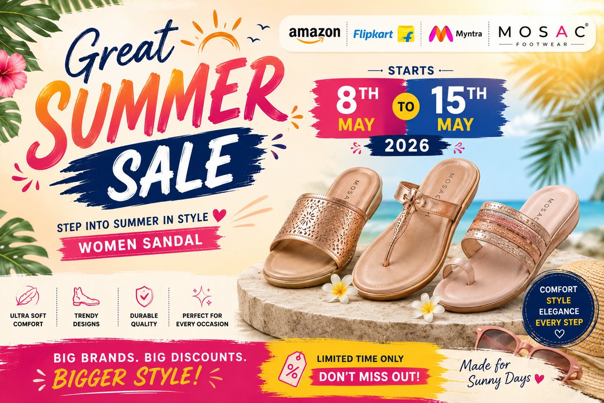 MosacF's tweet photo. Great Summer Sale on Amazon Flipkart Myntra Mosac Foootwear women sandal Starts 8th May to 15 May 2026 click on link:-https://t.co/MoJ6YvRpBq...
link2:-https://t.co/UHYiI7eDbq...
link3:-https://t.co/J6gAAHxhgP https://t.co/OPg3eznXVJ