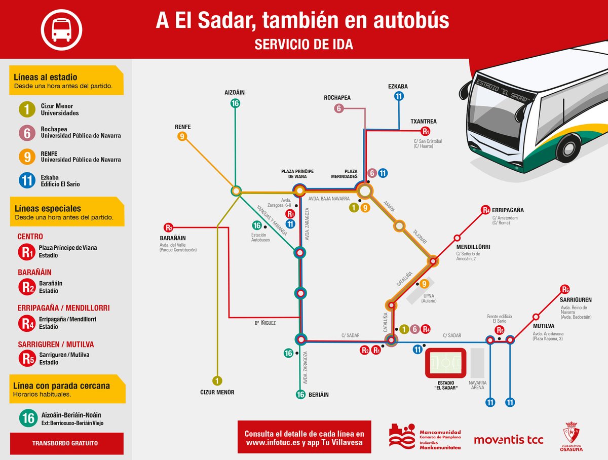 MCP_info's tweet photo. Con motivo del partido Osasuna – Espanyol, hoy domingo se habilitará el servicio especial del Transporte Urbano Comarcal al estadio de El Sadar. #TUC #OsasunaEspanyol @Osasuna

https://t.co/YYTbafqZnb https://t.co/rE0CycAoT8