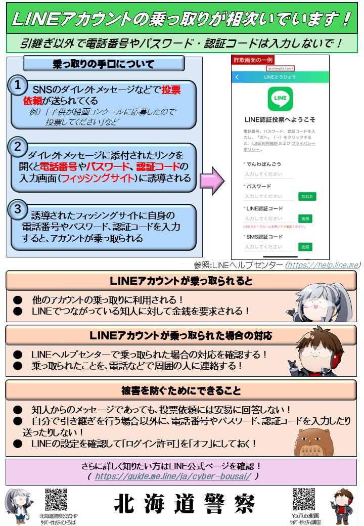 HP_seian's tweet photo. LINEアカウントの乗っ取りが相次いでいます。
他のSNSのダイレクトメッセージからフィッシングサイトに誘導され、電話番号やパスワードなどを入力することで、アカウントが乗っ取られてしまいます。
心当たりのないメッセージが届いた際は、添付されたリンクを開かないようにしてください。 https://t.co/JkdxFlzauY