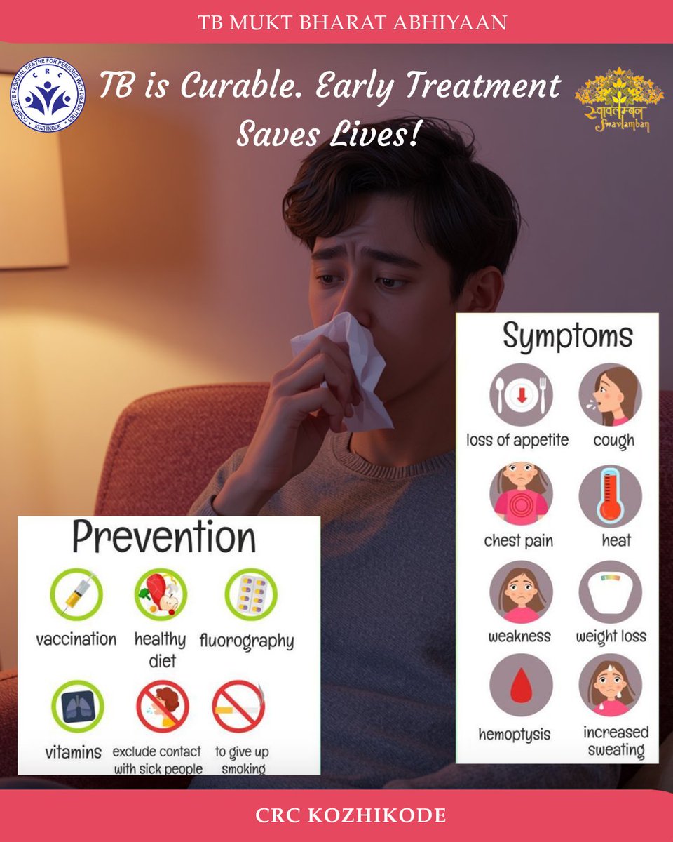 crckozhikode's tweet photo. Tuberculosis (TB) is curable with timely diagnosis and proper treatment. Let us work together to create a TB-Free India by spreading awareness, reducing stigma, and encouraging early medical care.

#tb_mukt_bharat_abhiyaan #100DaysCampaign 
#RCI #DEPwD https://t.co/CObwaZJEw0