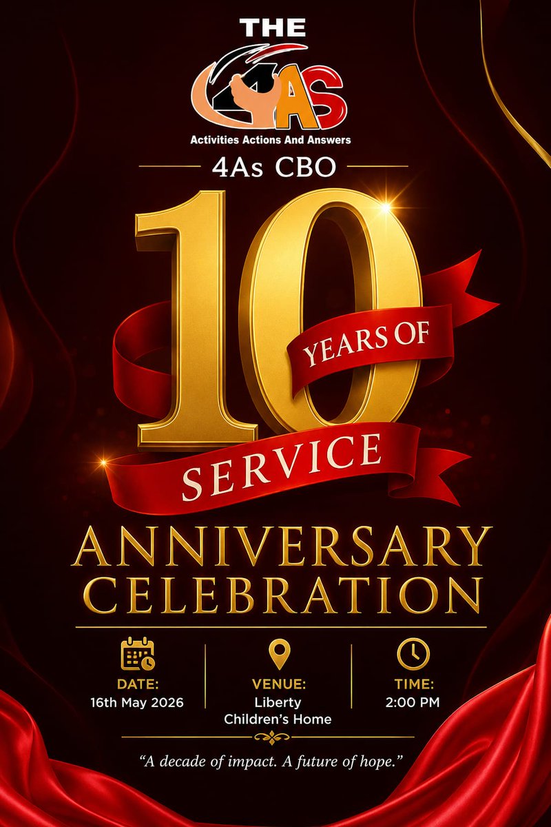 4ASCBO's tweet photo. THE 4As @10_ is locked and loaded 
13 May 2026 marks 10 years of Activities, Actions, And Answers
16 May - Liberty Children’s Home.  
24 May - Blood Drive at AIC Kasina.
Honoring our Pioneers, Partners and and Legends 
Standing in the gap, building together
Happy 10th Anniversary https://t.co/HmmcyFdAcf