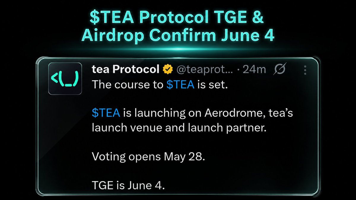 CryptoLakhan's tweet photo. π¨ $TEA Protocol TGE Officially Confirmed π±
$TEA is launching on Aerodrome, teaβs official launch partner. β
π³ Voting Starts β May 28
π TGE Date β June 4
The course to $TEA is finally set.
Big days ahead for the community π
#TEA #TeaProtocol #Airdrop #teaprotocalairdrop https://t.co/6Q3hObn4HF