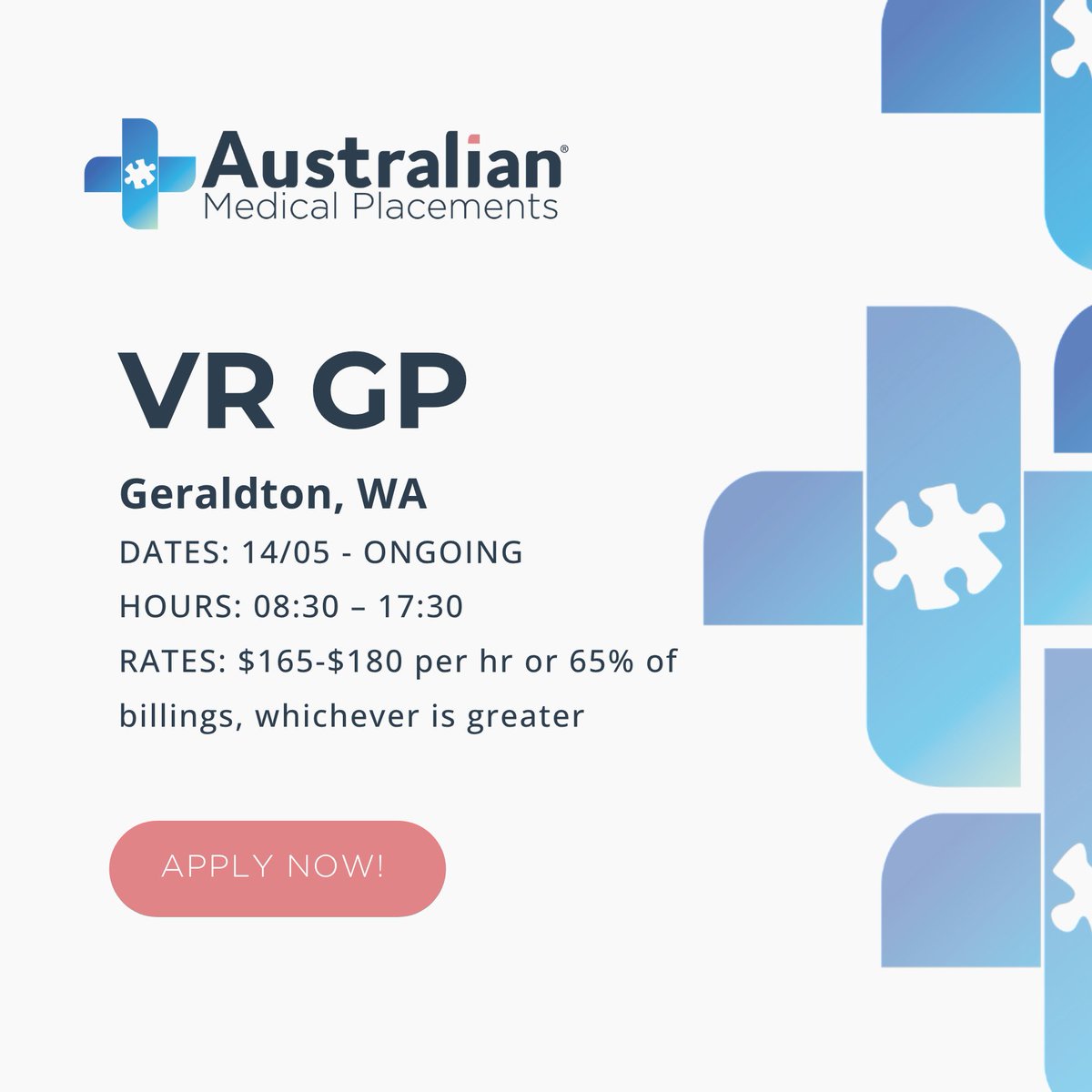 AMPDoctors's tweet photo. We have a unique opportunity at an established medical centre located in the picturesque coastal city of Geraldton. Explore breathtaking landscapes, from the beaches to the vibrant hues of the Abrolhos Islands. 📩 locums@australianmedicalplacements.com.au | 
📞 08 8333 5666 https://t.co/yVdLjlVDee