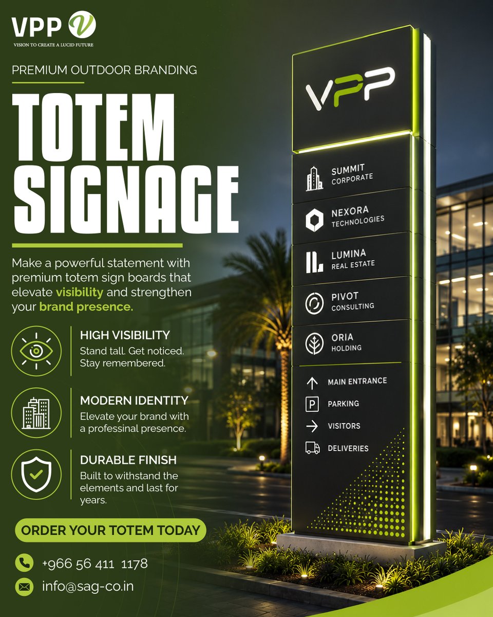 VPP_SA's tweet photo. Stand tall. Get noticed. 🏢🇸🇦

Elevate your corporate entrance with our premium Totem Signage. High-visibility, modern design, and built tough for the KSA climate.

Transform your site with VPP. 📈

📩 DMs open for inquiries.

#TotemSignage #RiyadhBusiness #OutdoorBranding #VPP https://t.co/Chgt77icEF