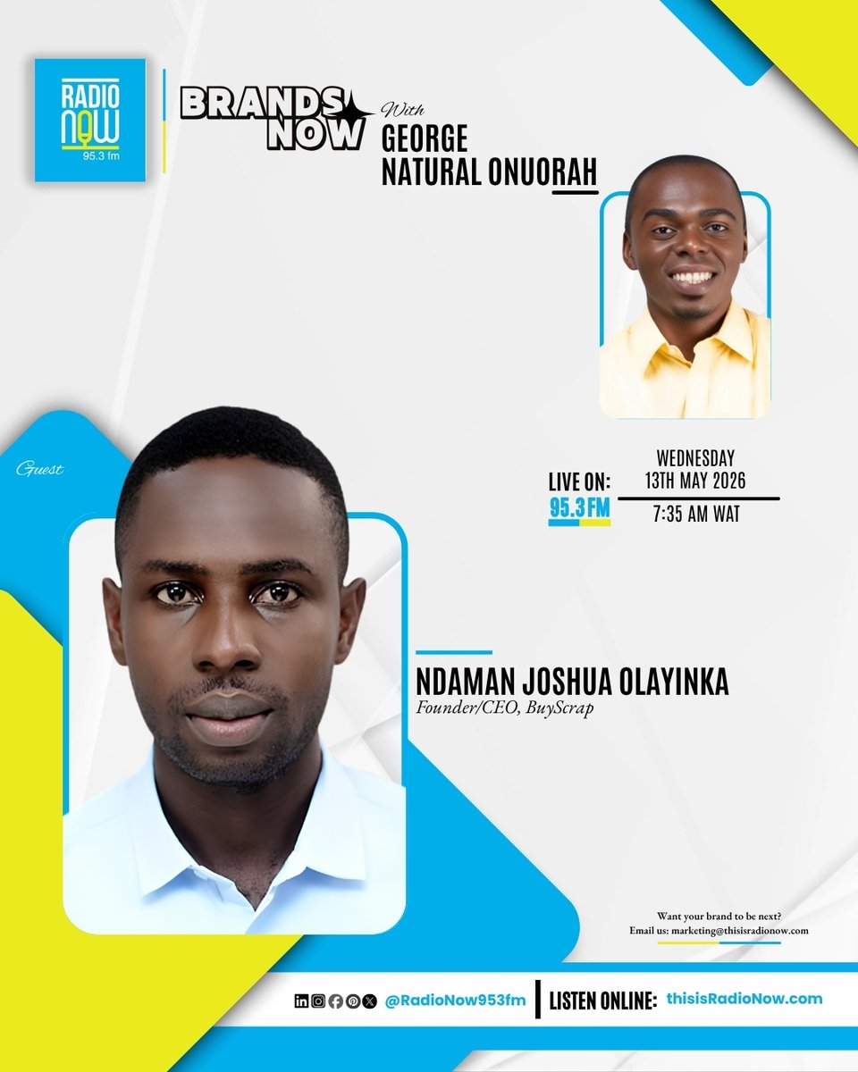 RadioNow953FM's tweet photo. Today on Brands Now with George Natural Onuorah, our guest is Ndaman Joshua Olayinka, Founder/CEO of BuyScrap.

Tune in for insights and catch up on previous episodes on Radio Now Studio on YouTube.

Want your brand featured on Brands Now?
✉️: marketing@thisisradionow.com https://t.co/bbrjrQoiGo