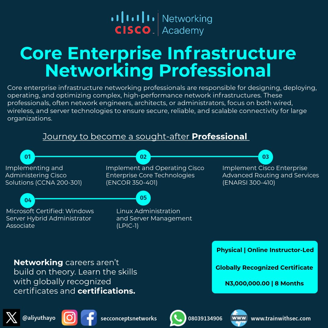 aliyuthayo's tweet photo. Core Enterprise Infrastructure Networking Professional program, which is an amazing path to becoming a sought-after expert in the field!

This comprehensive 8-month program is designed to give you hands-on skills with globally recognized certifications. It includes five key certification tracks:
1. Implementing and Administering Cisco Solutions (CCNA 200-301)
2. Implement and Operating Cisco Enterprise Core Technologies (ENCOR 350-401)
3. Implement Cisco Enterprise Advanced Routing and Services (ENARSI 300-410)
4. Microsoft Certified: Windows Server Hybrid Administrator Associate
5. Linux Administration and Server Management (LPIC-1)

The full program costs *N3,000,000.00* and is available both physically at our center and as a live online instructor-led course.

A great way to start is by joining our 
FREE DEMO CLASS on Zoom, happening on May 17th, 2026, at 10 AM (WAT).
 It's a perfect opportunity to learn more!
Register here https://t.co/TsnWFjd5aI