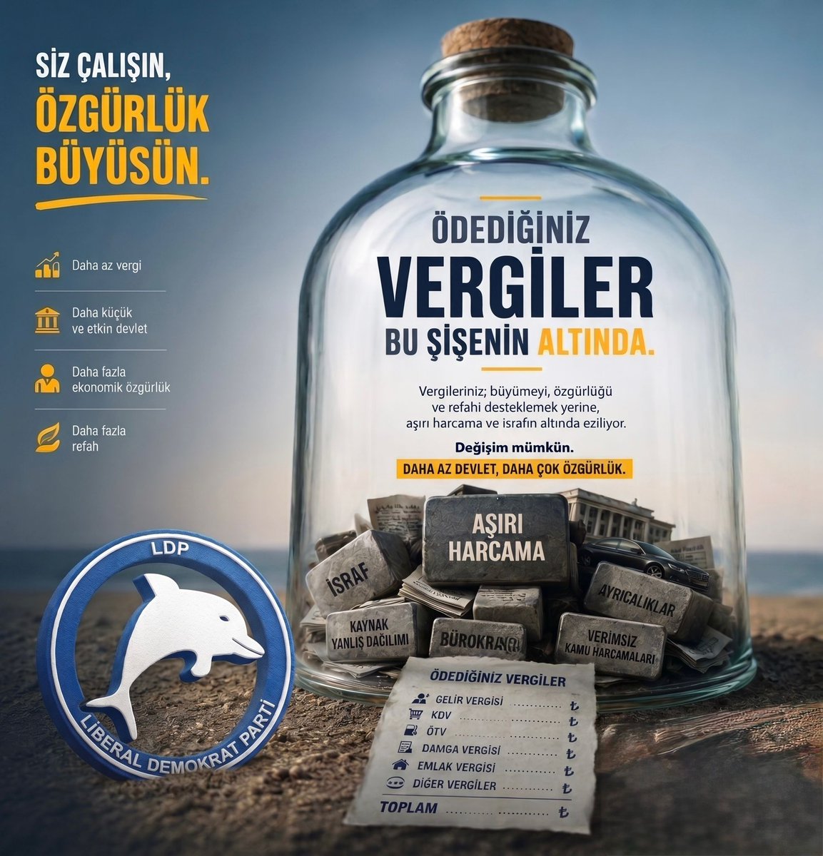 liberaLDP's tweet photo. Ödediğiniz Vergiler Bu Şişenin Altında!
Vergileriniz; büyümeyi, özgürlüğü ve refahı desteklemek yerine, aşırı harcama ve israfın altında eziliyor.